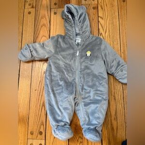 Carter's Plush Gray Baby Winter Hooded Jumpsuit Pram 6-9mo penguin